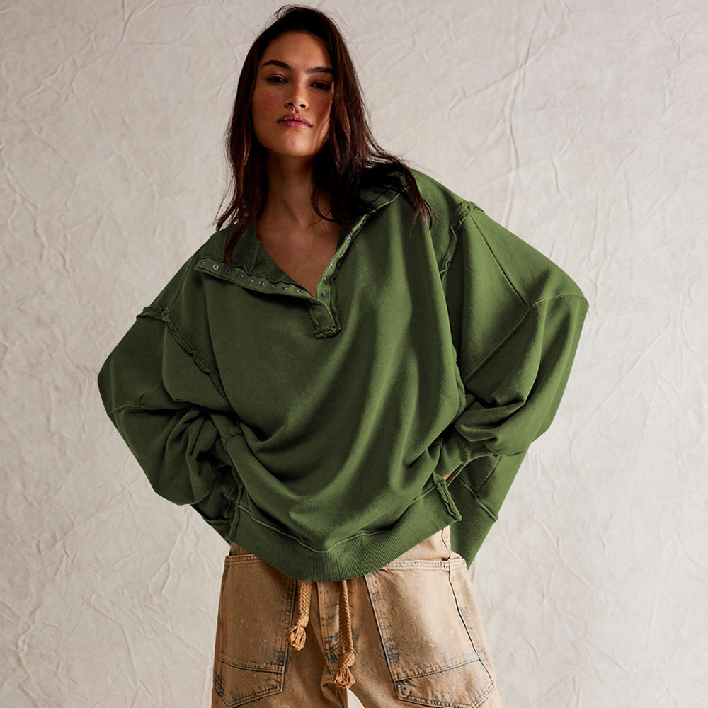 Lantern Sleeve Split Lapel Loose Sweatshirt