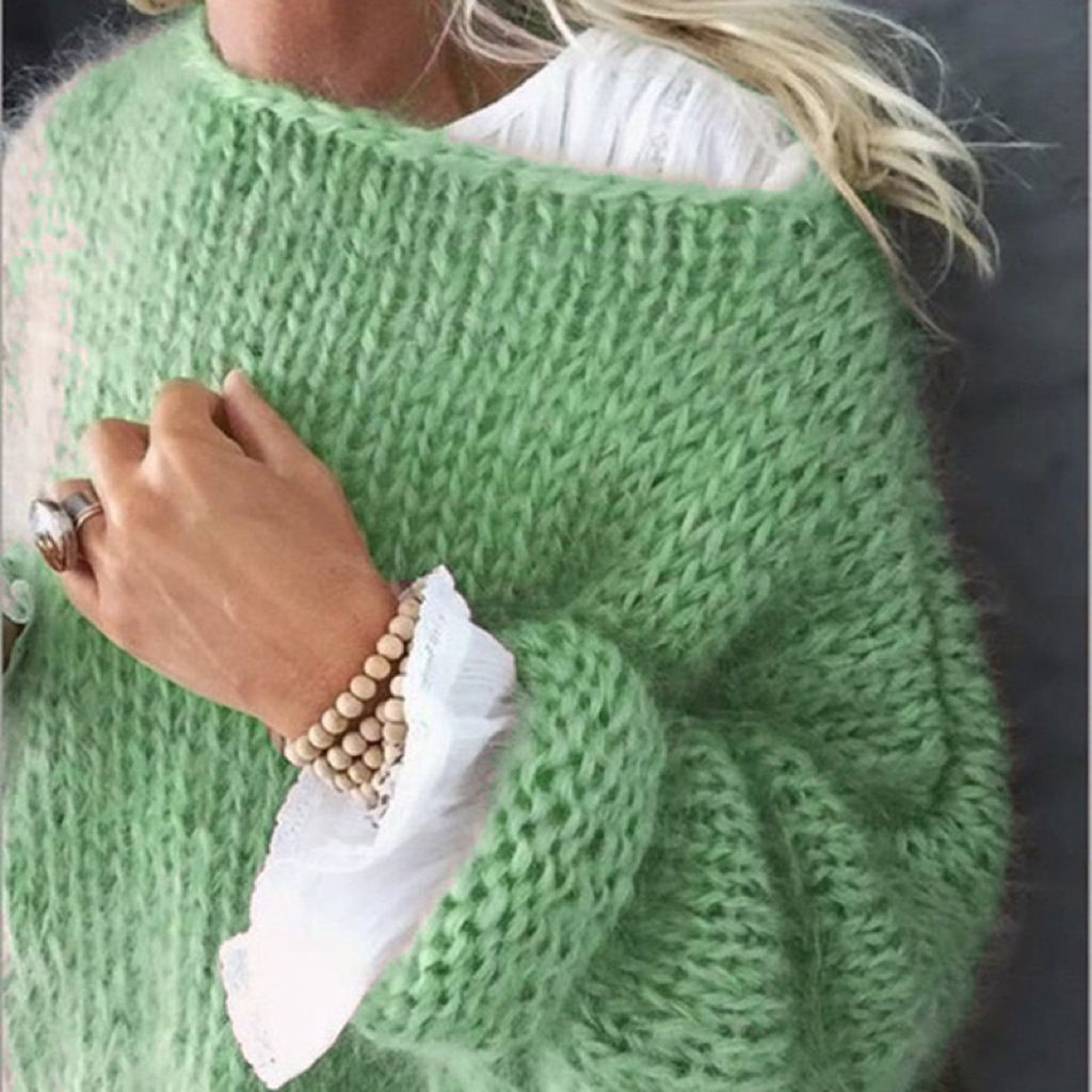 Faux Mohair Pullover Sweater Women's Crewneck Long Sleeve Solid Color Knit Top
