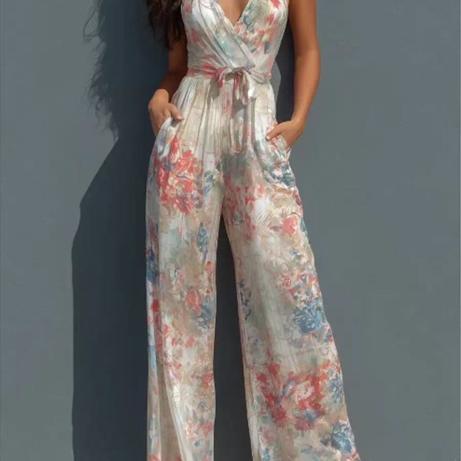 Women's Halter Deep V Printed Jumpsuit High Waist Tie Wide Leg