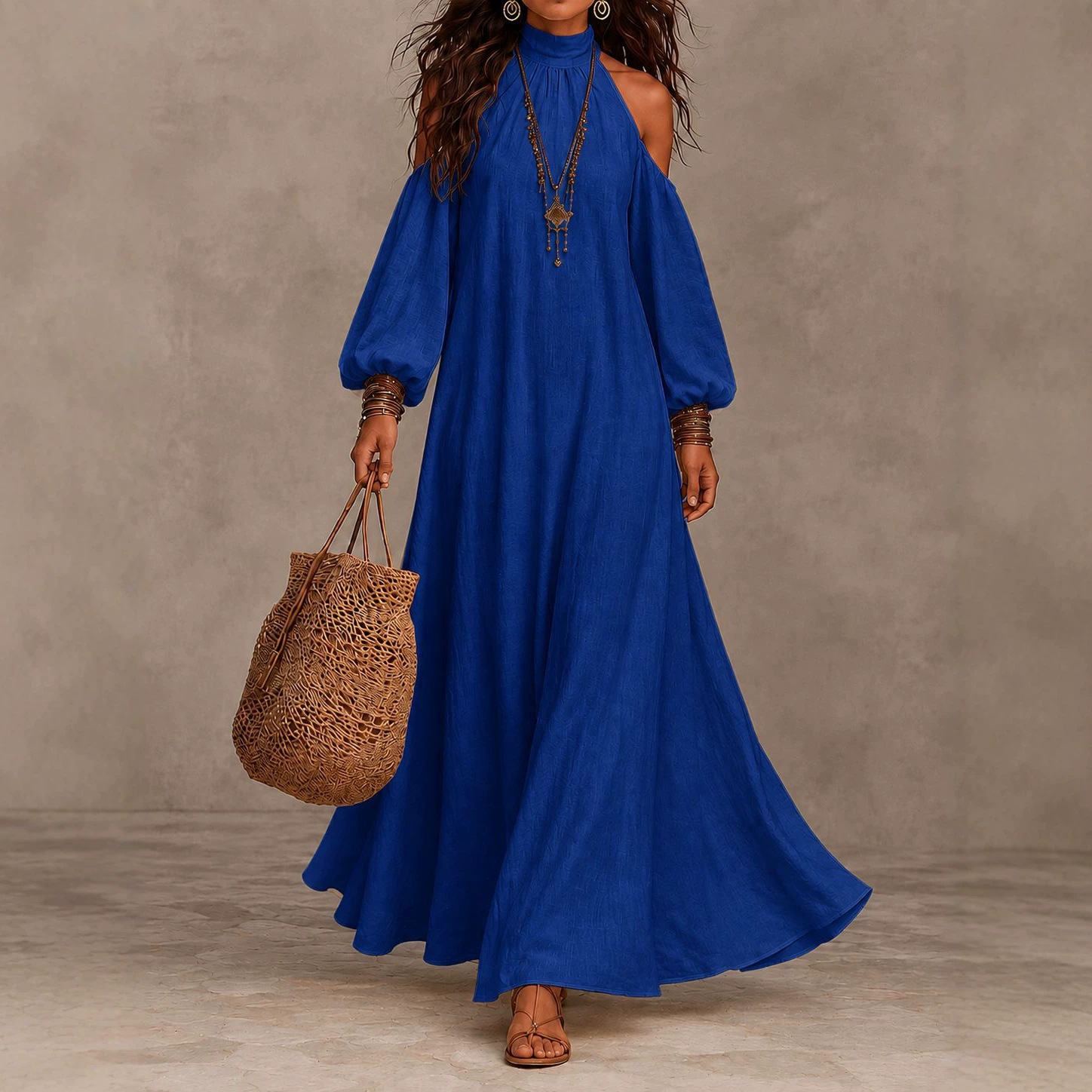 Women's Off-Shoulder Halter Neck Lantern Sleeve A-Line Maxi Dress