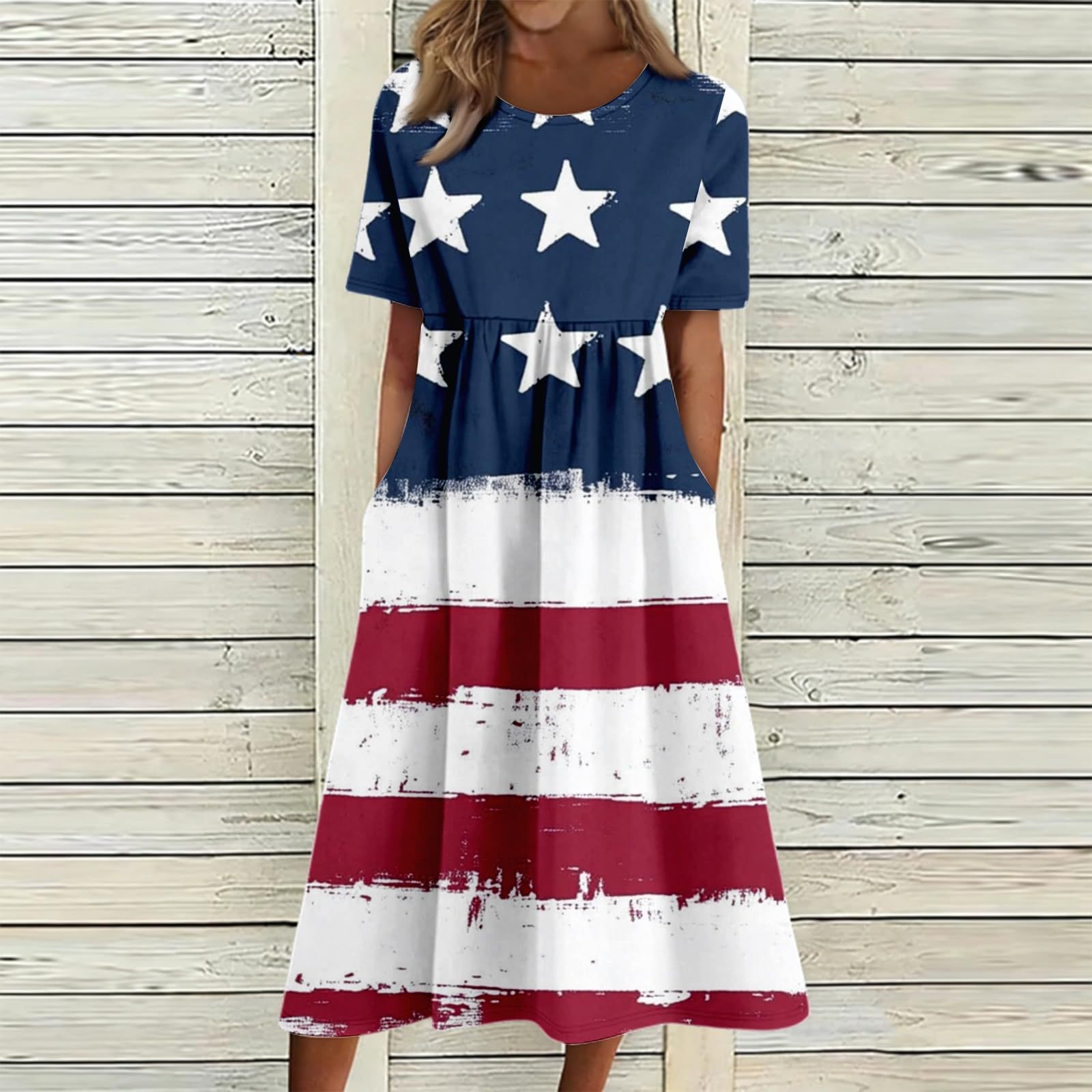 Women's Star Floral Print Ruched Midi Dress Short Sleeve Crew Neck