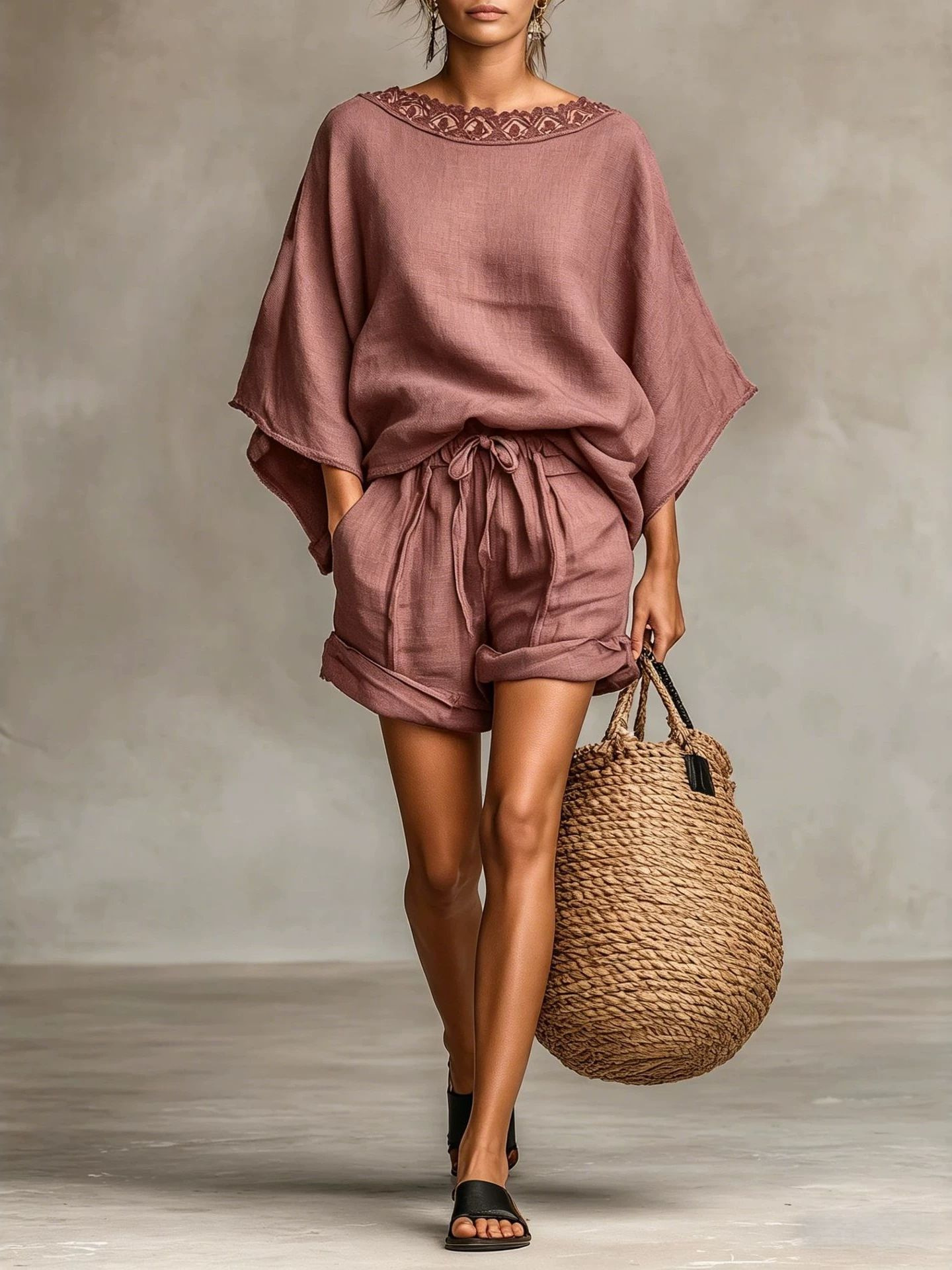 Women's Lace Trim Loose Batwing Sleeve Top
