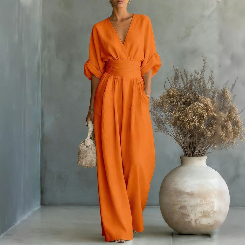 Women's Solid V-Neck Slim Waist Wide-Leg Jumpsuit