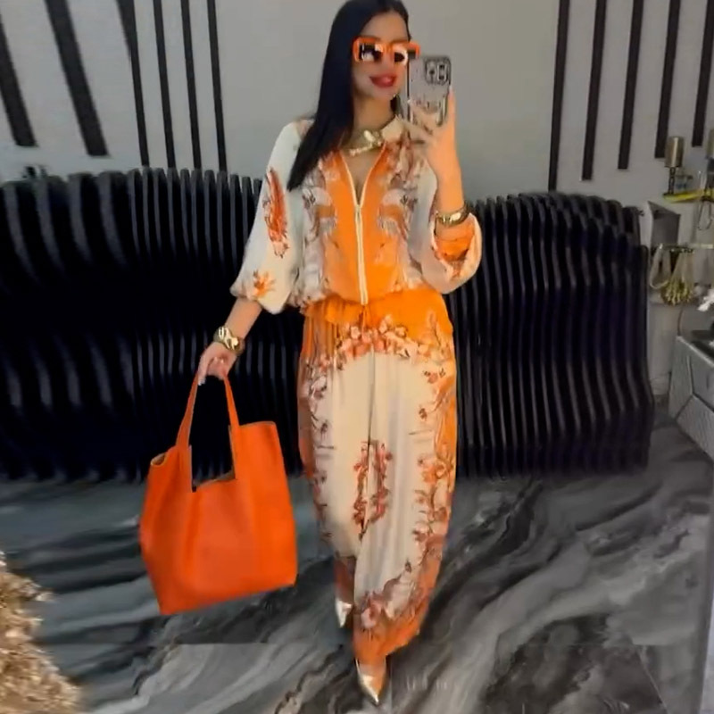 3D Floral Print Baseball Jacket & Drawstring Pants Two-Piece Set
