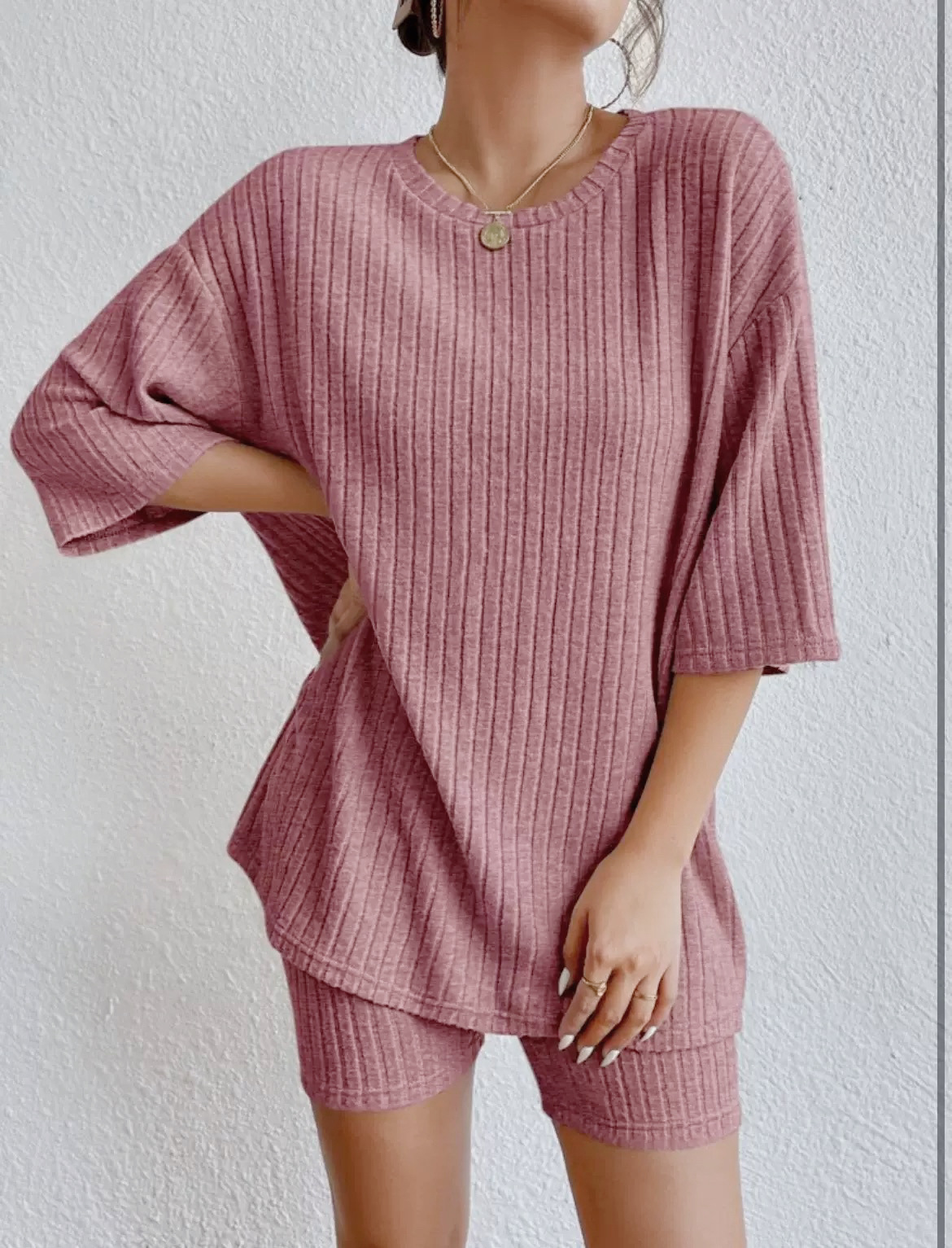 Women's Solid Color Crewneck Loose Shorts Set