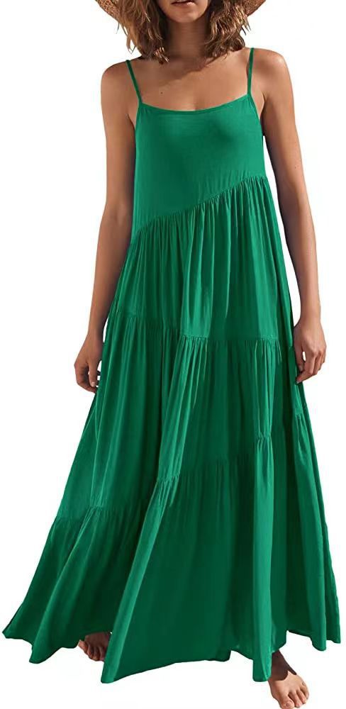 Women's Summer Loose Solid Pleated Sleeveless Halter Long Dress