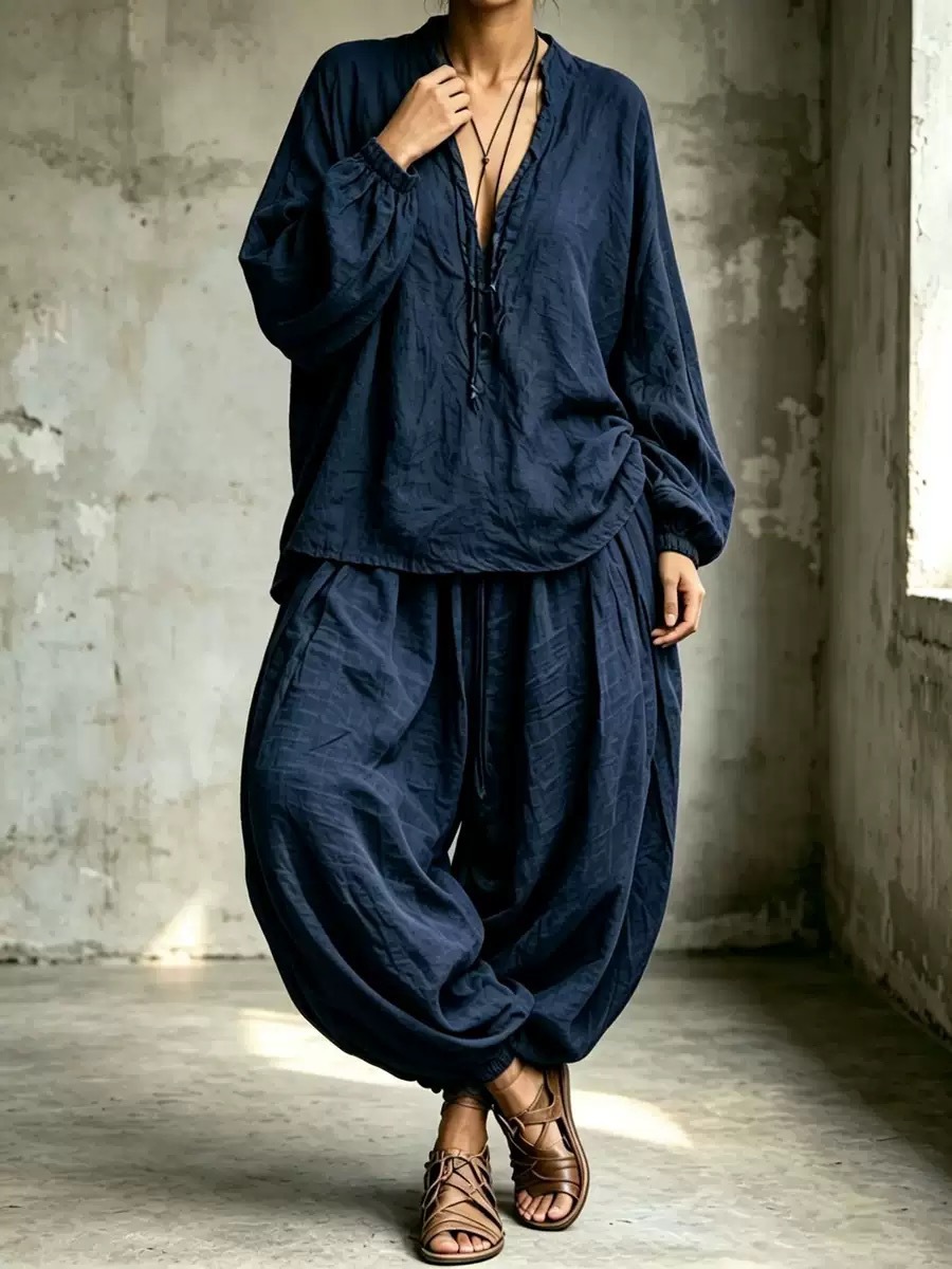 Retro V-Neck Lantern Sleeve Top and Pants Two-Piece Set