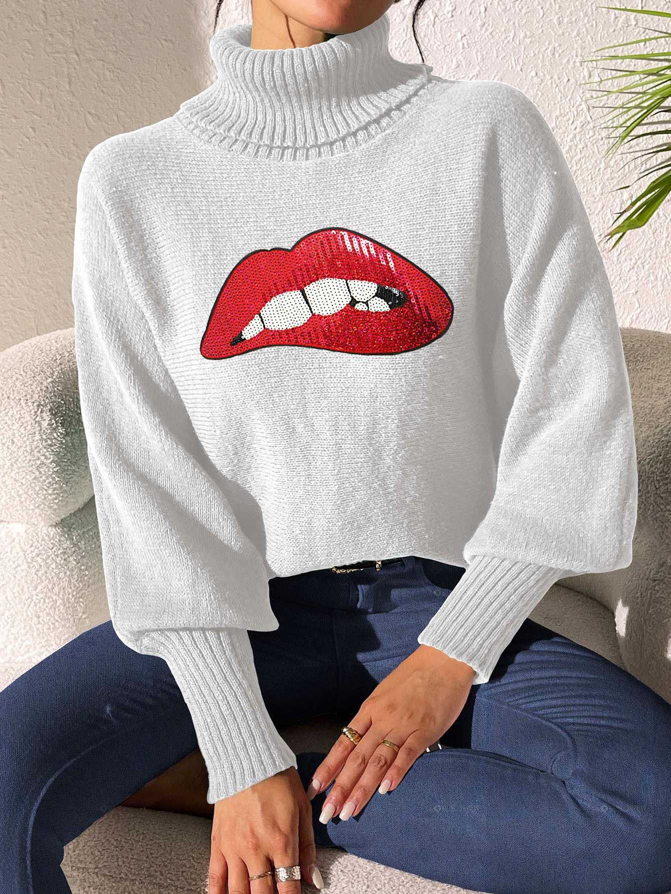Women's Sequin Embroidered Cartoon Lips Turtleneck Pullover Sweater
