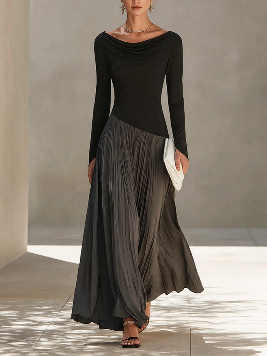Minimalist Color-Block Draped-Neck Long Dress