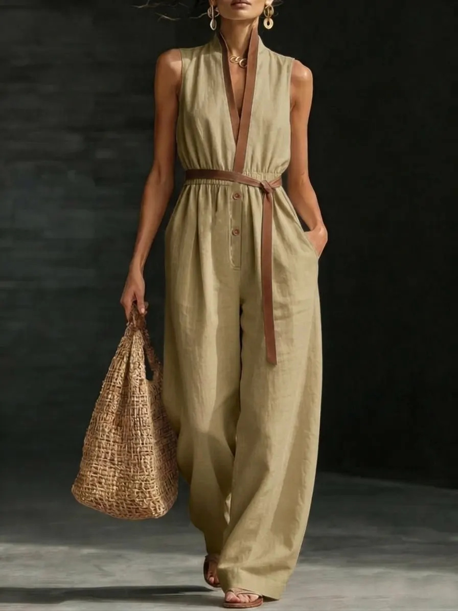 Sleeveless V-Neck Jumpsuit Women's Casual Straight-Leg