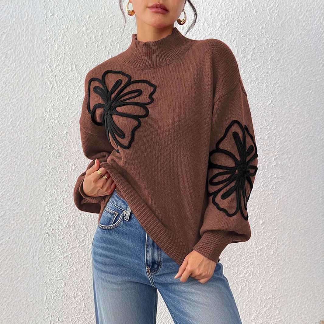 Women's 3D Ribbon Embroidered Floral Mock Neck Lantern Sleeve Pullover Sweater