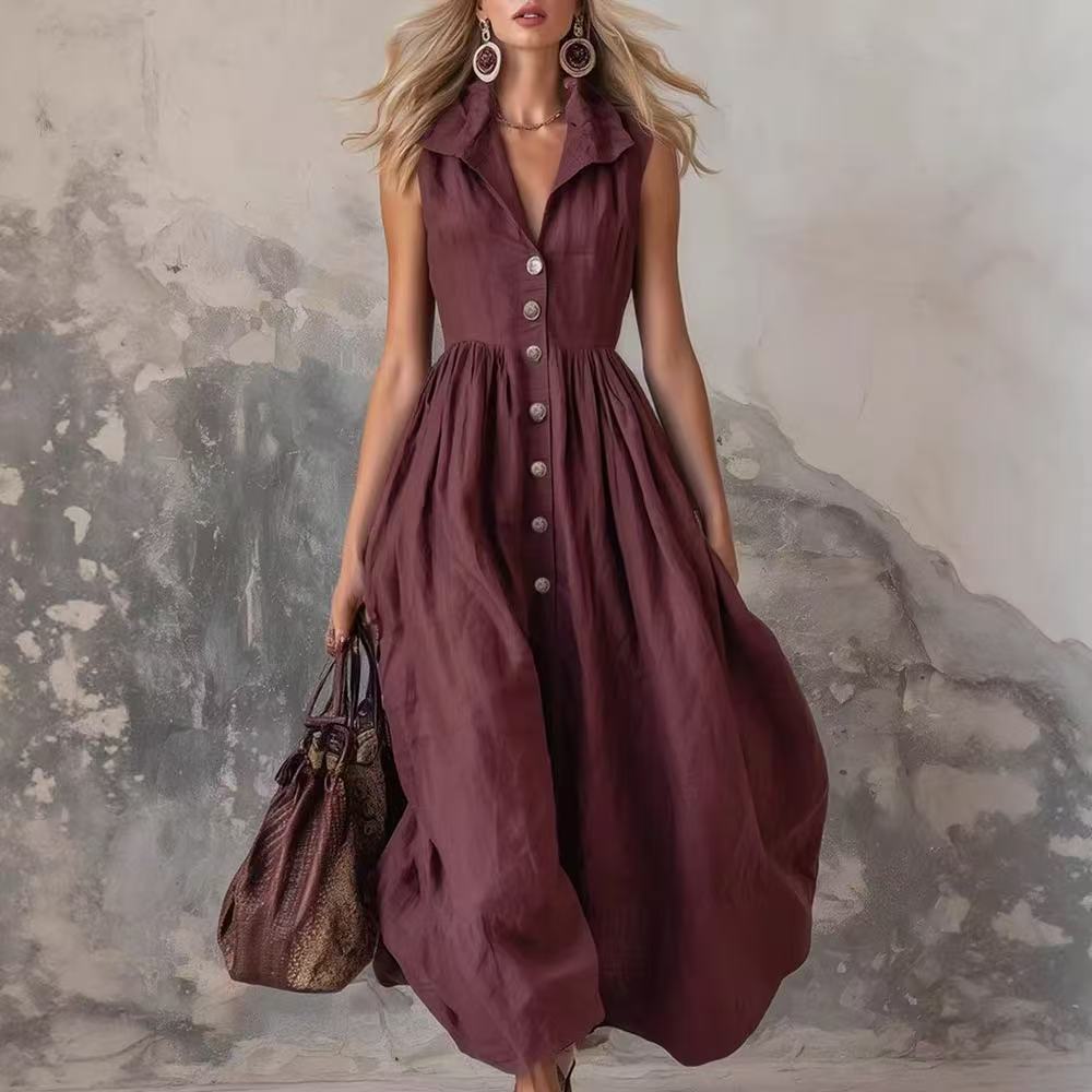 Women's Solid Color Collared Slim Fit Long Dress