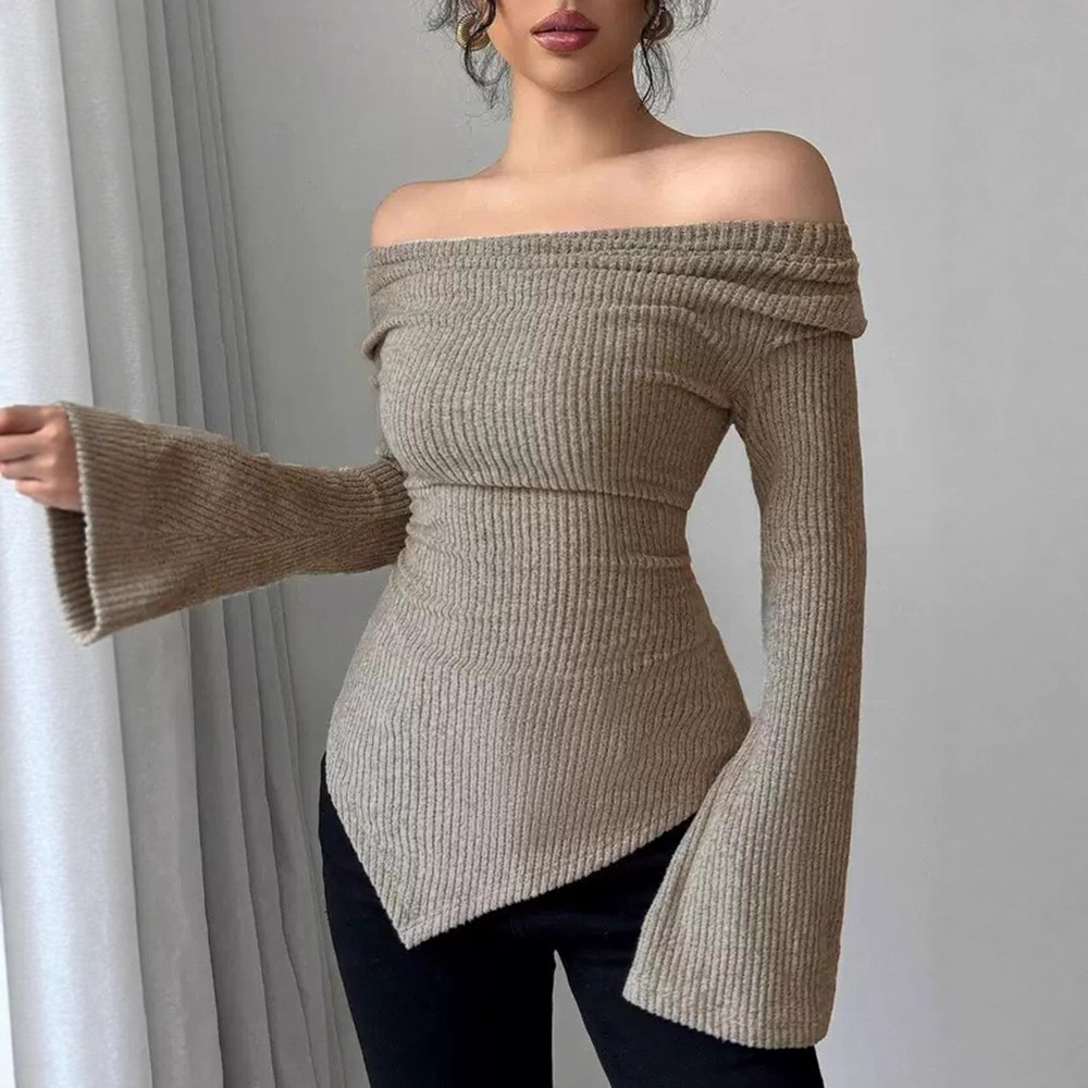Ribbed Off-Shoulder Slim Fit Long Sleeve Knit Top