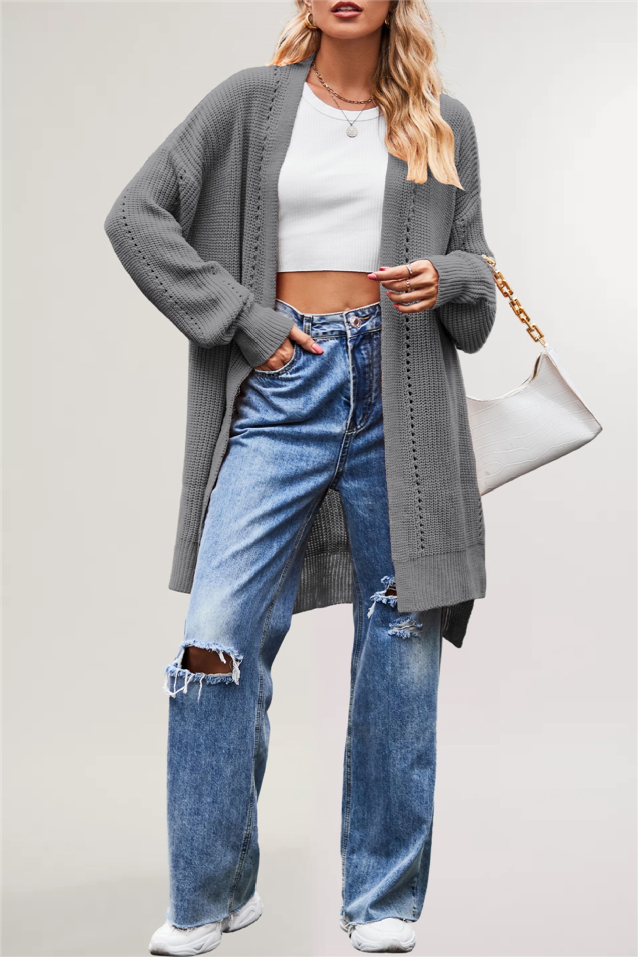 Women's Solid Color Loose Knit Cardigan with Pockets
