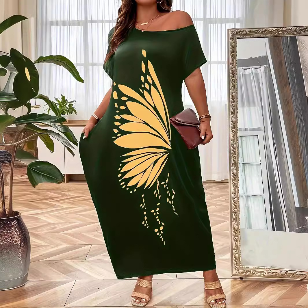 Women's Casual A-Line Butterfly Print Midi Dress U-Neck Short Sleeve
