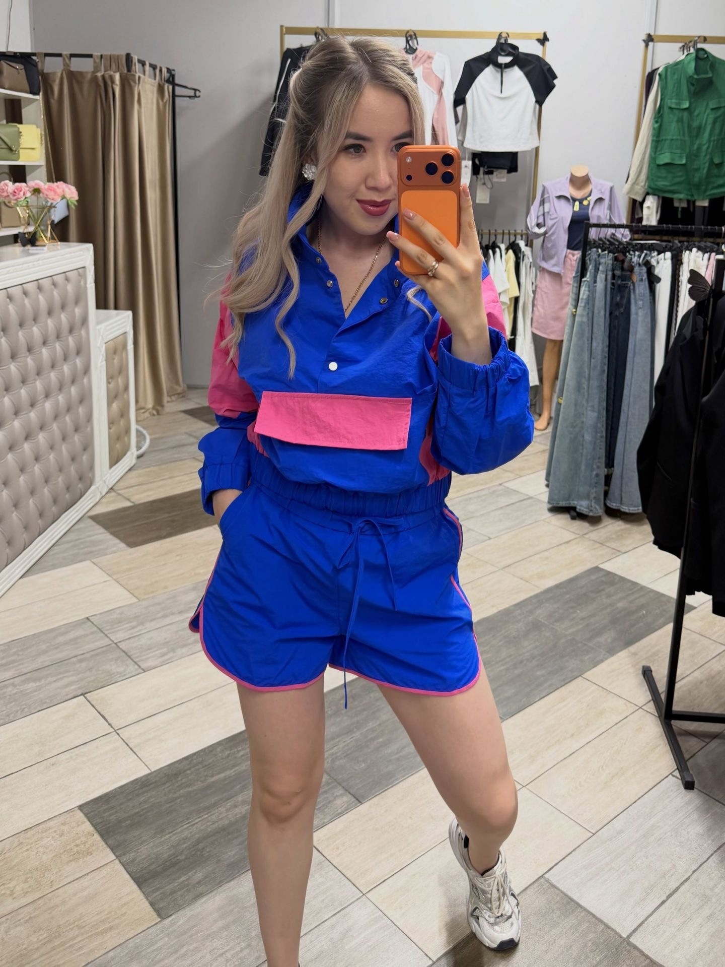 Colorblock Two-Piece Lightweight Stand Collar Drawstring Jacket and Elastic Waist Shorts Set