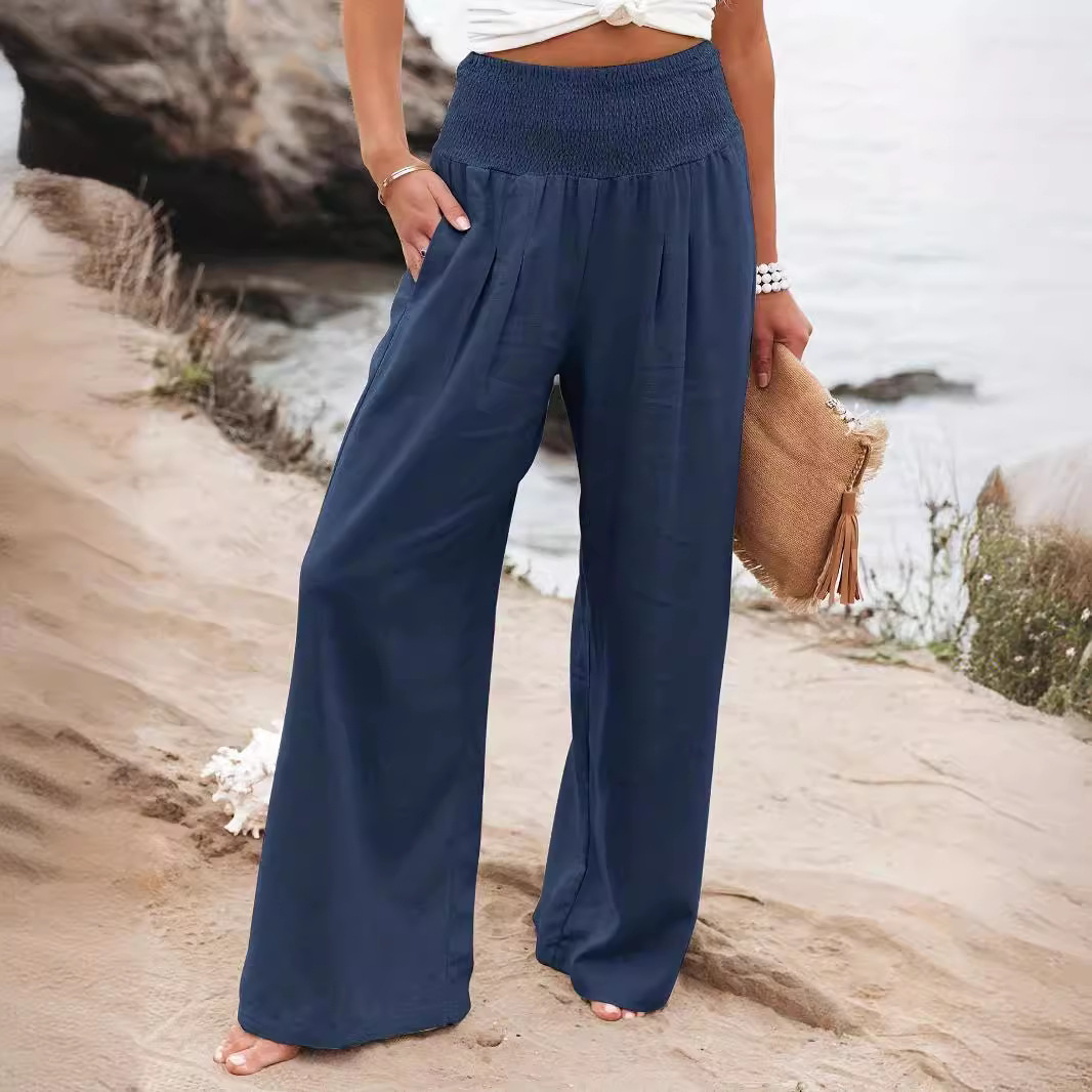 Women's Casual Cotton Distressed Mid-Rise Wide-Leg Pants