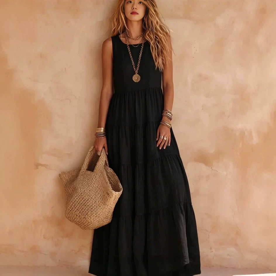 Solid Sleeveless Plus Size Maxi Dress with Round Neck and Shirred Details