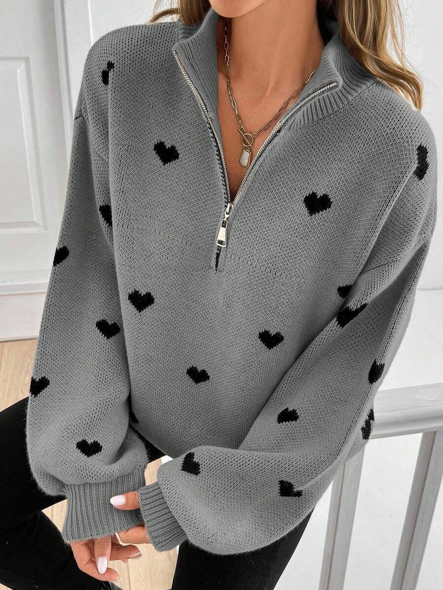 Women's Heart Pattern Half-Zip Knit Sweater Long Sleeve Turtleneck