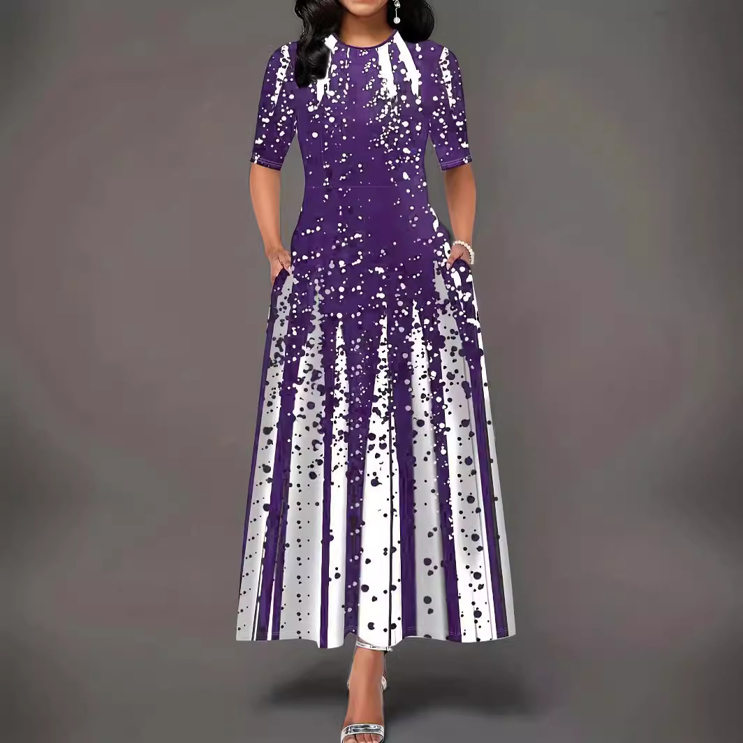 Women's Gradient Print Short Sleeve Round Neck Long Dress