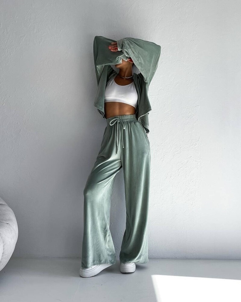 Women's Solid Color Hooded Zip Cardigan & Wide-Leg Pants Set