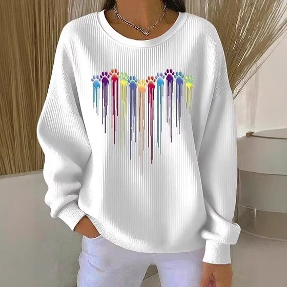 Women's Animal Wine Glass Paw Print Heart Print Crewneck Sweatshirt