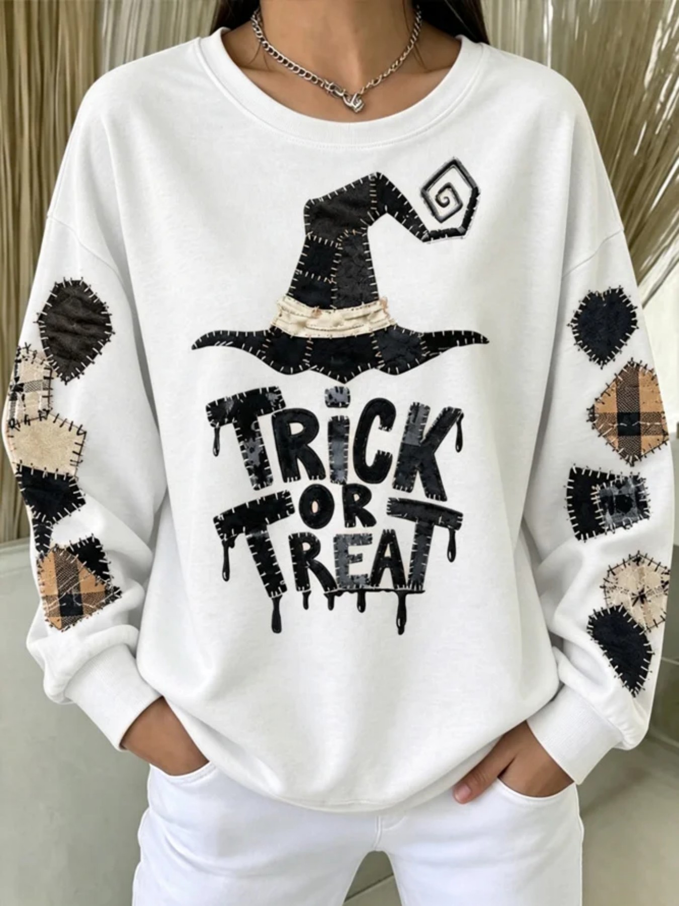 Halloween Witch Hat Letter Print Long Sleeve Pullover Sweatshirt
