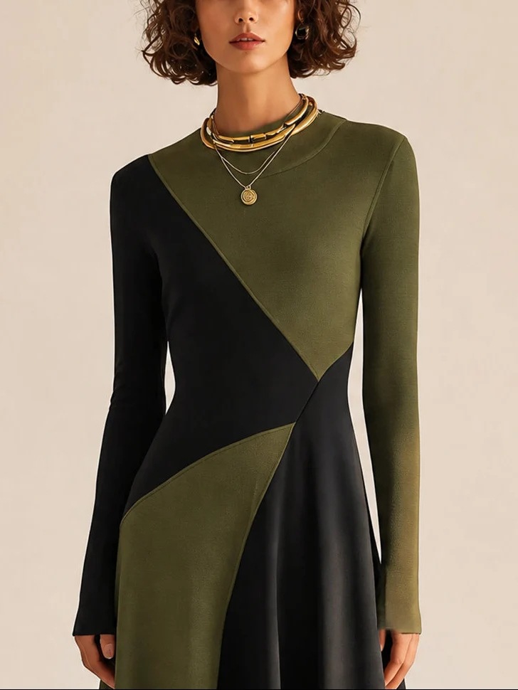 Black and Green Colorblock Long Sleeve Stand Collar Waist-Cinched Maxi Dress