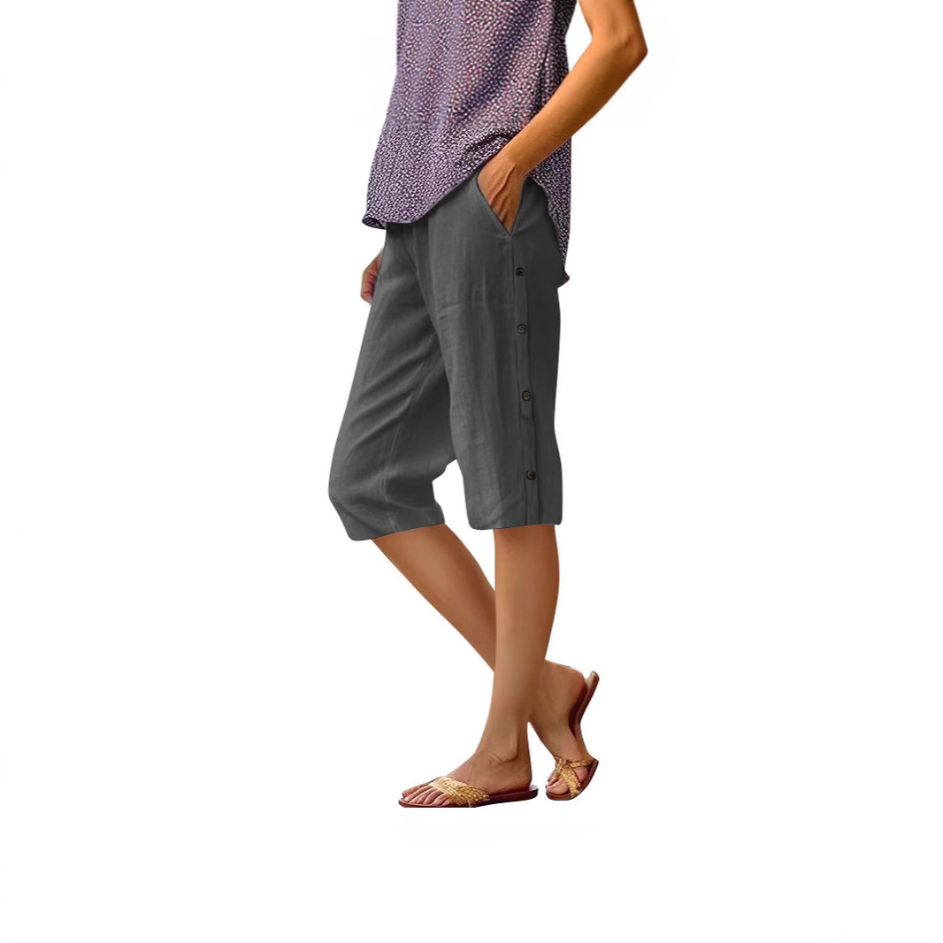 Cotton-Linen Cropped Pants with Side Button Detail and Pockets