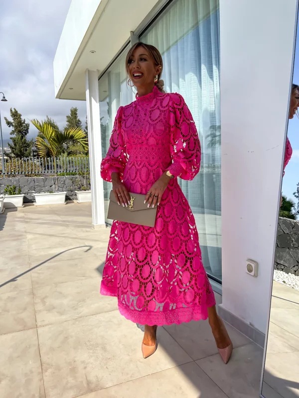Sexy Cutout Long Sleeve Stand Collar Lace Trim Maxi Dress