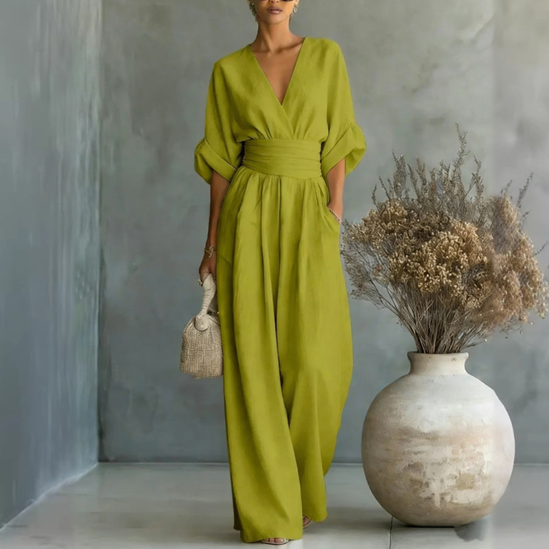 Women's Solid V-Neck Slim Waist Wide-Leg Jumpsuit