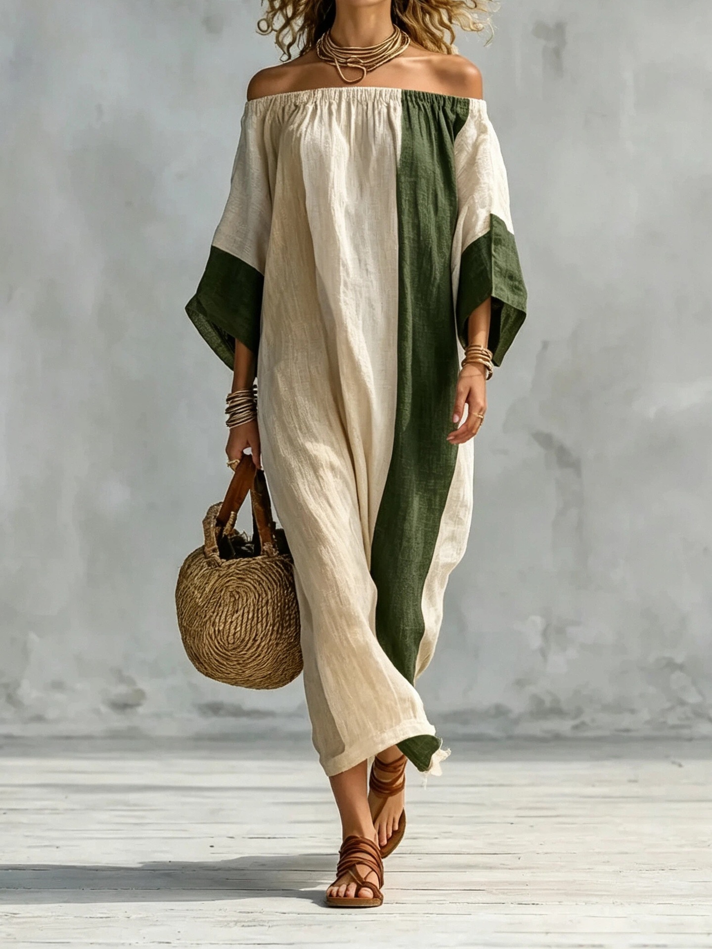 Women's Off-Shoulder Color-Block Long Dress Casual Loose Fit
