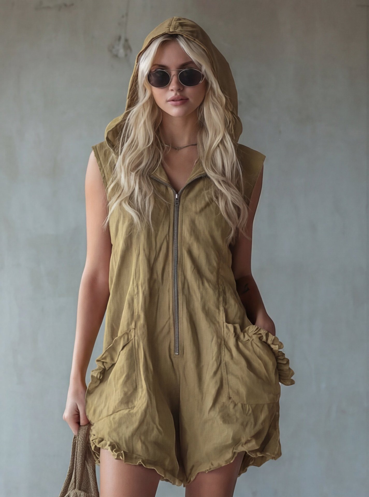 Women's Retro Hooded Zip Sleeveless Faux Linen Jumpsuit