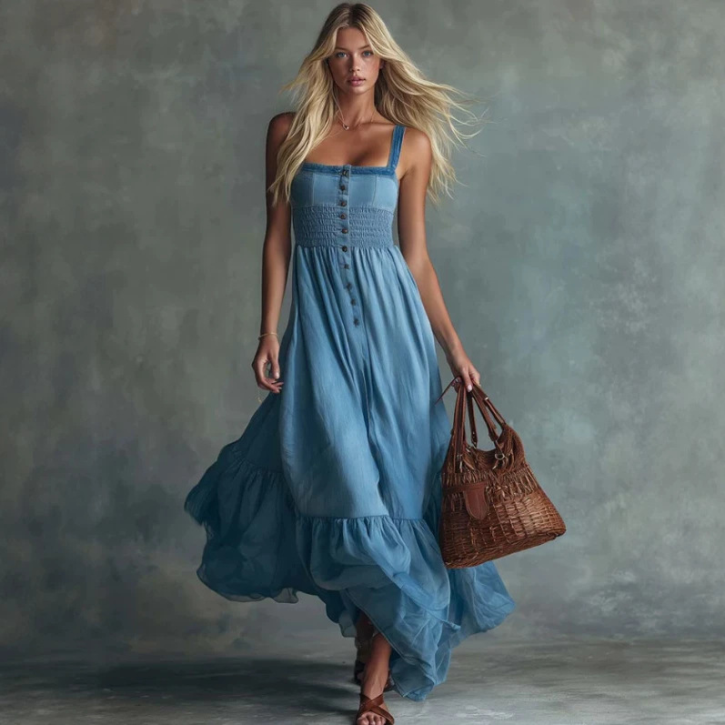Denim Maxi Dress with Sheer Organza Hem