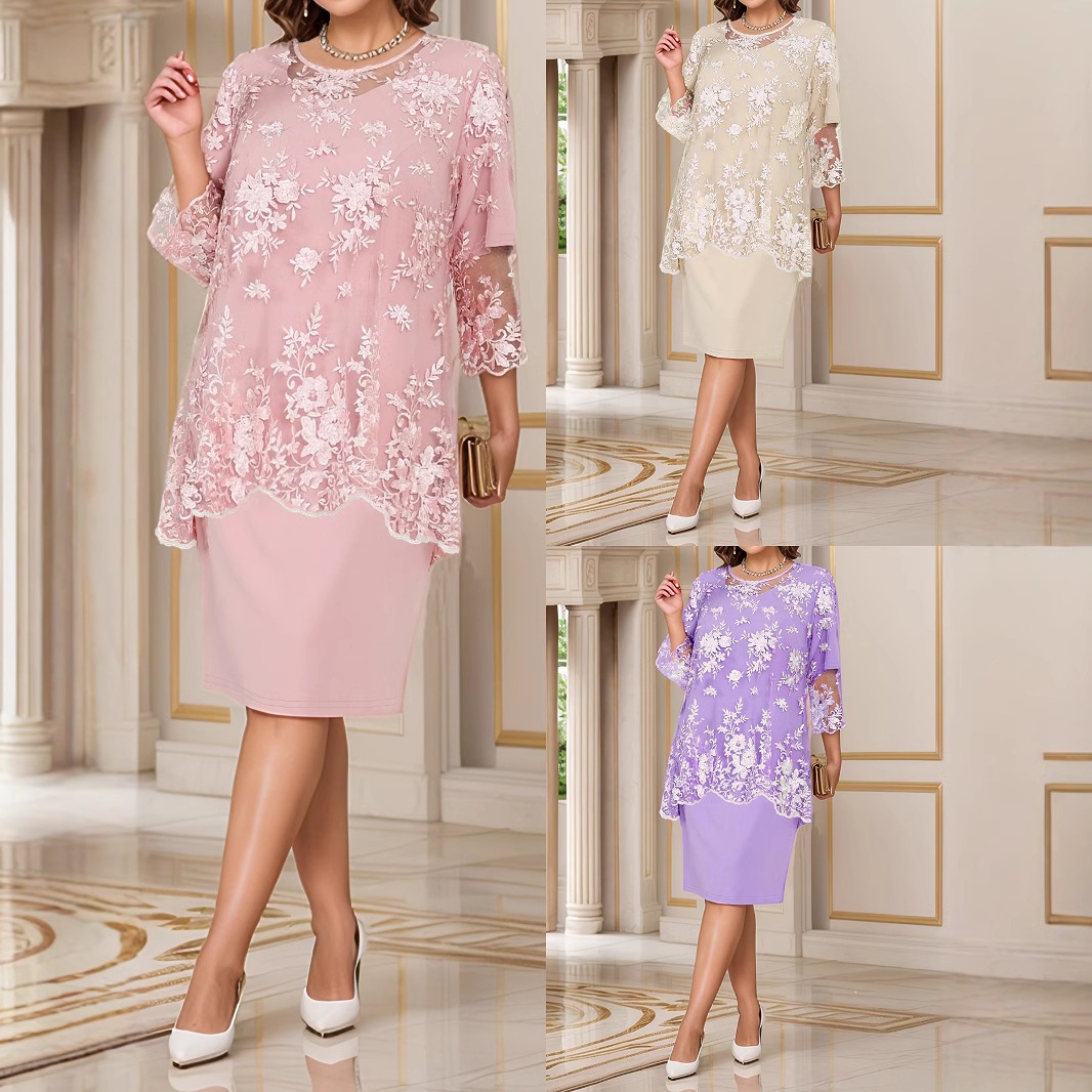 Floral Lace Wavy Hem Midi Dress Set with Three-Quarter Sleeves