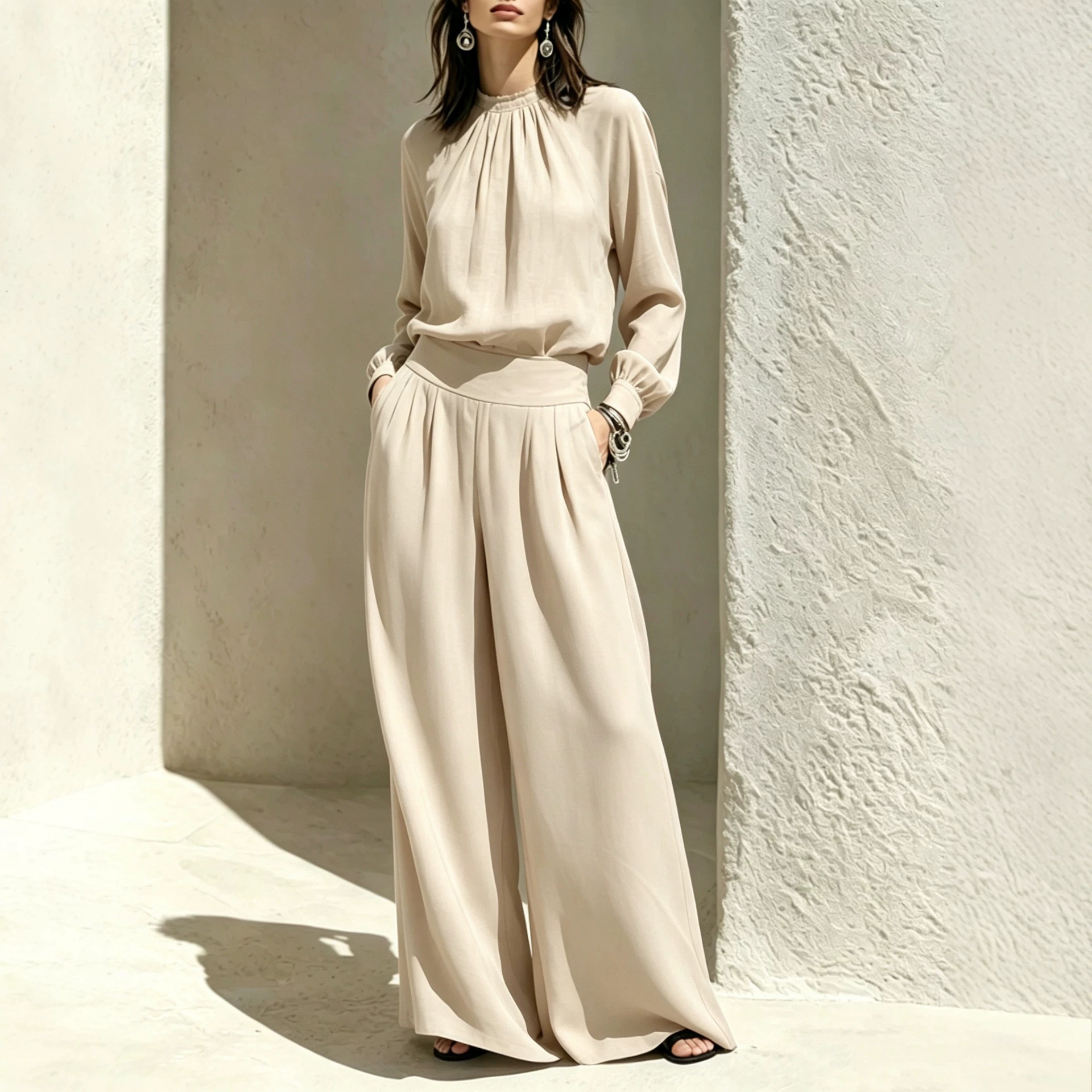Women's Stand Collar Loose Top and Wide-Leg Pants Set