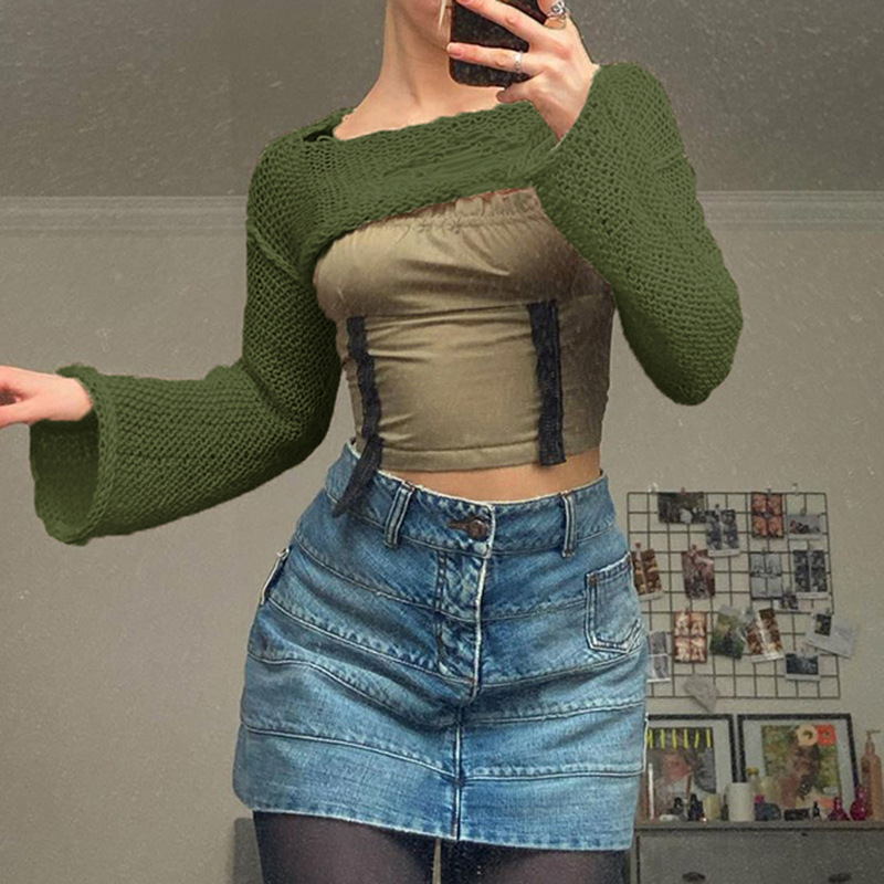 Women's Hollow-Out Knit Sweater with Bell Sleeves and Crew Neck