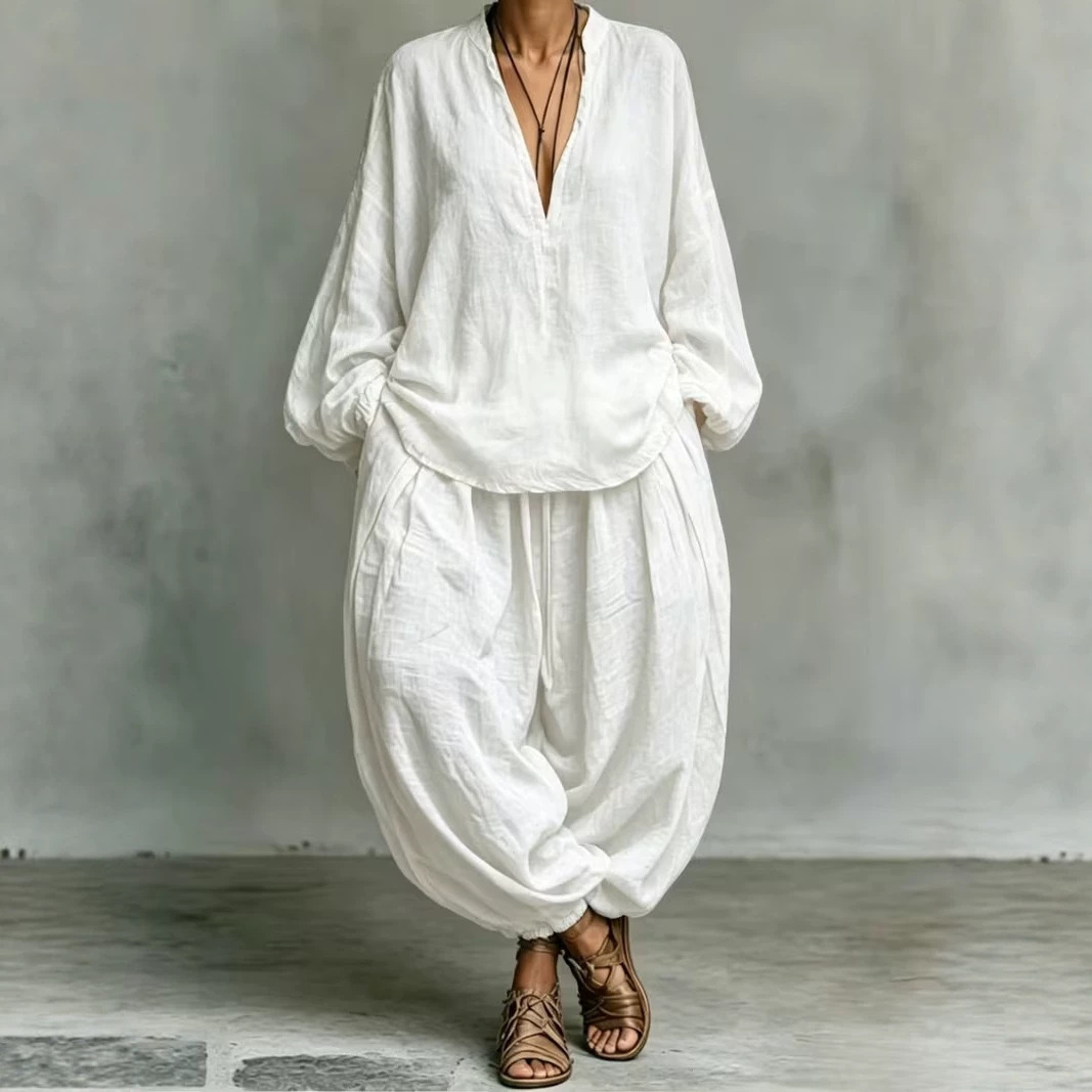 Retro V-Neck Lantern Sleeve Top and Pants Two-Piece Set