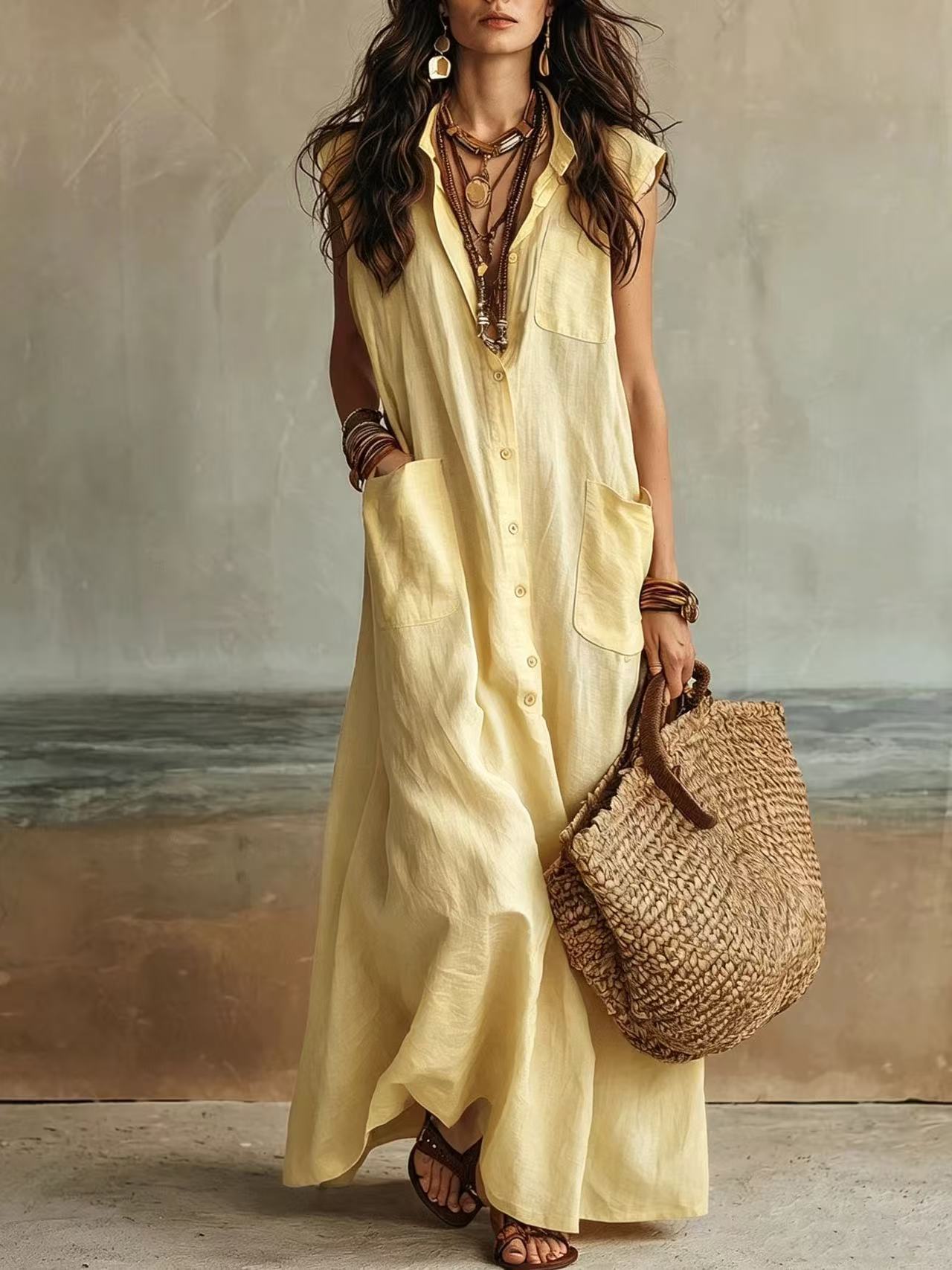 Off-Shoulder Boho Shirt Dress Loose Fit Long