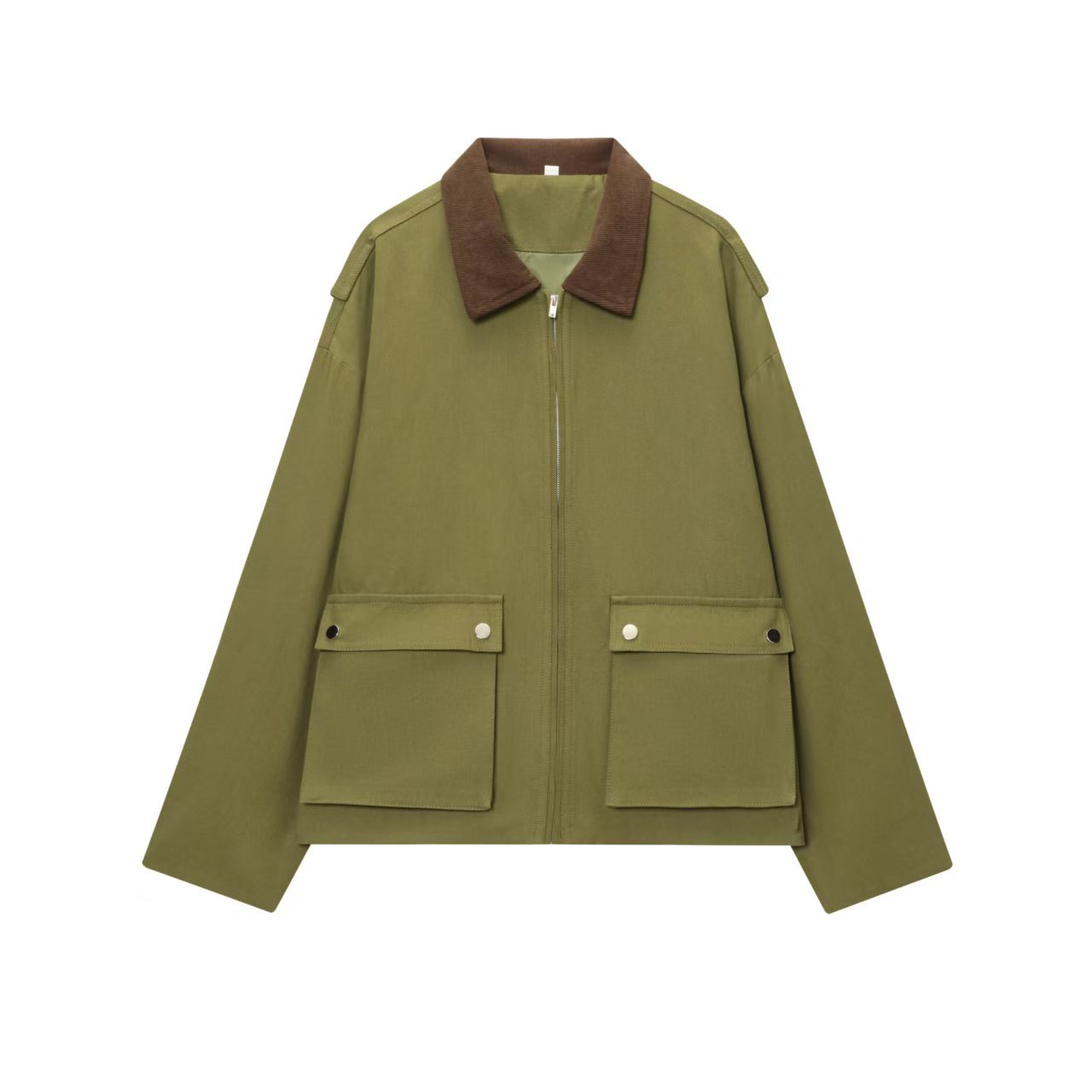 Women's Color-Block Khaki Jacket with Square Neck and Pockets