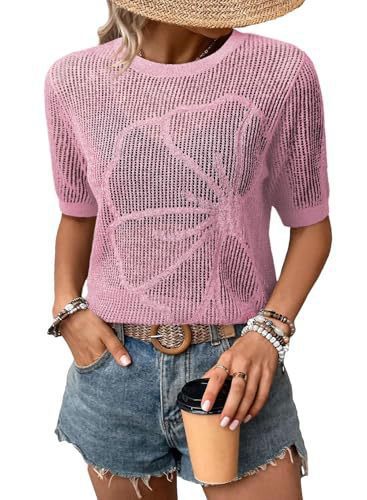 Women's Summer Round Neck Short Sleeve Openwork Floral Knit Top