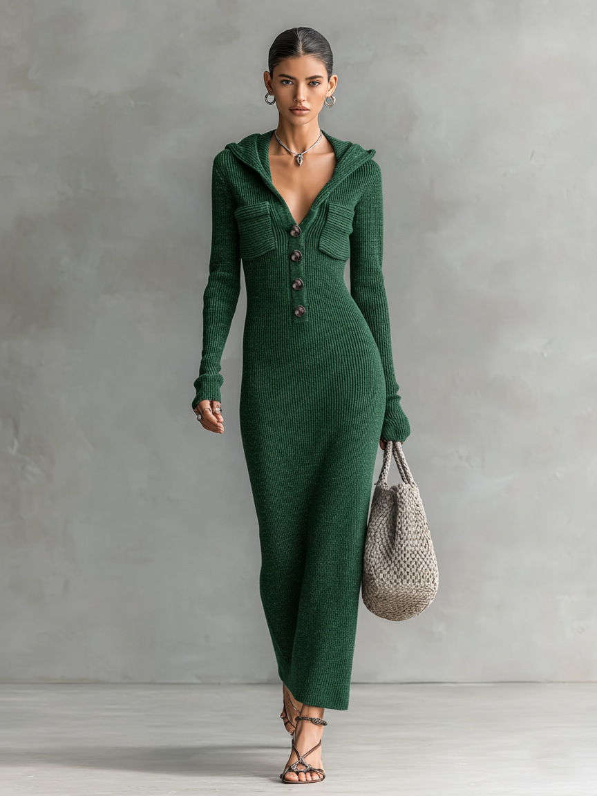 Women's Slimming Half-Open Collar Hooded Knit Sweater Dress