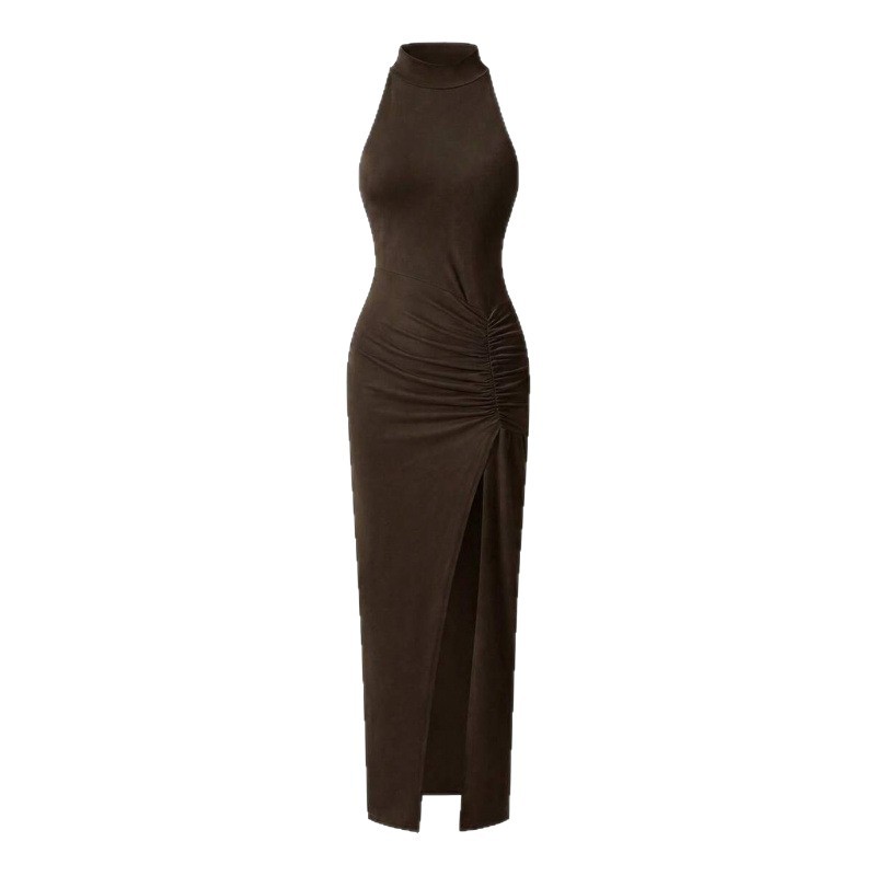 Sleeveless Bodycon Midi Dress with Slit and Ruched Details