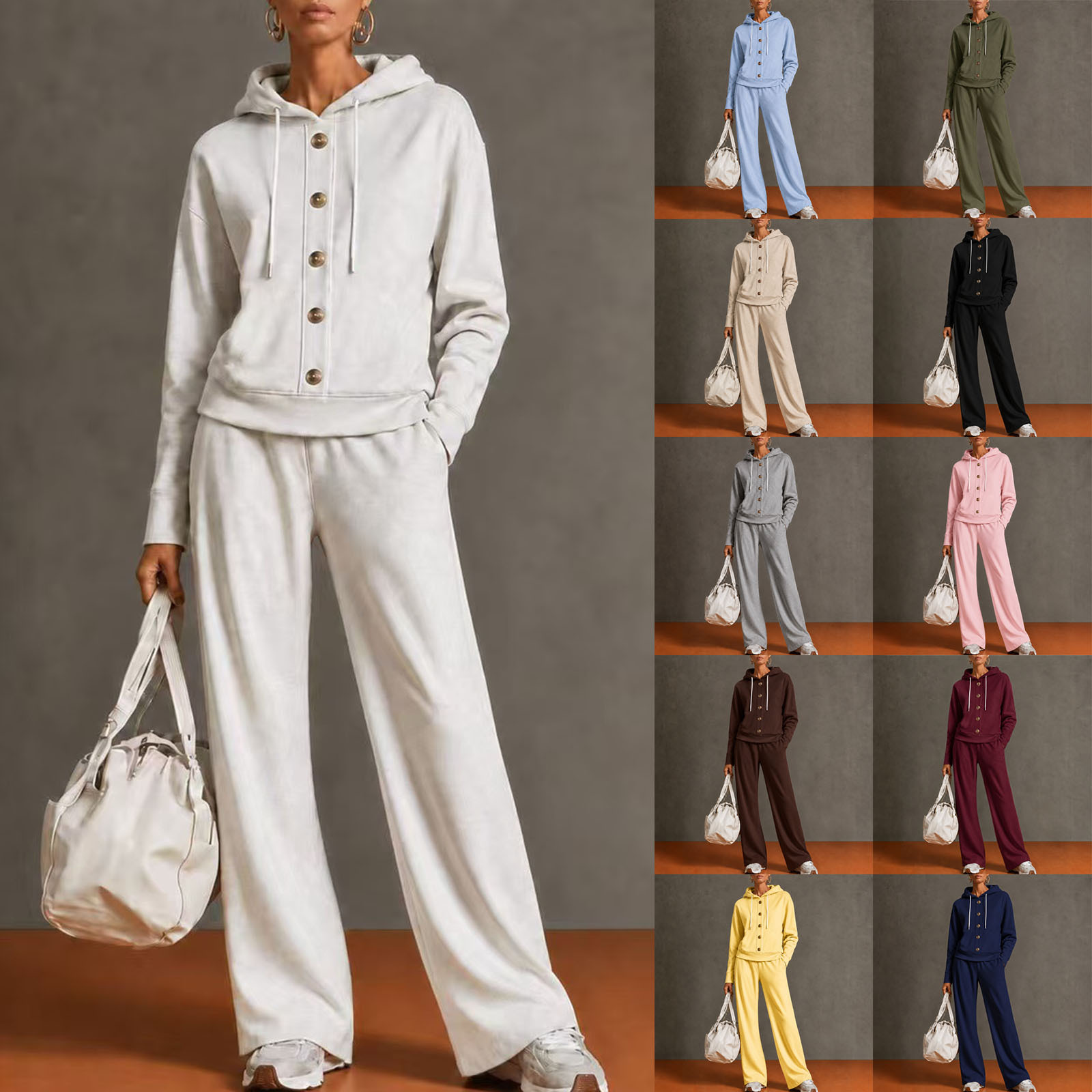 Women's Solid Color Hooded Button Sweatshirt & Wide-Leg Pants 2-Piece Set