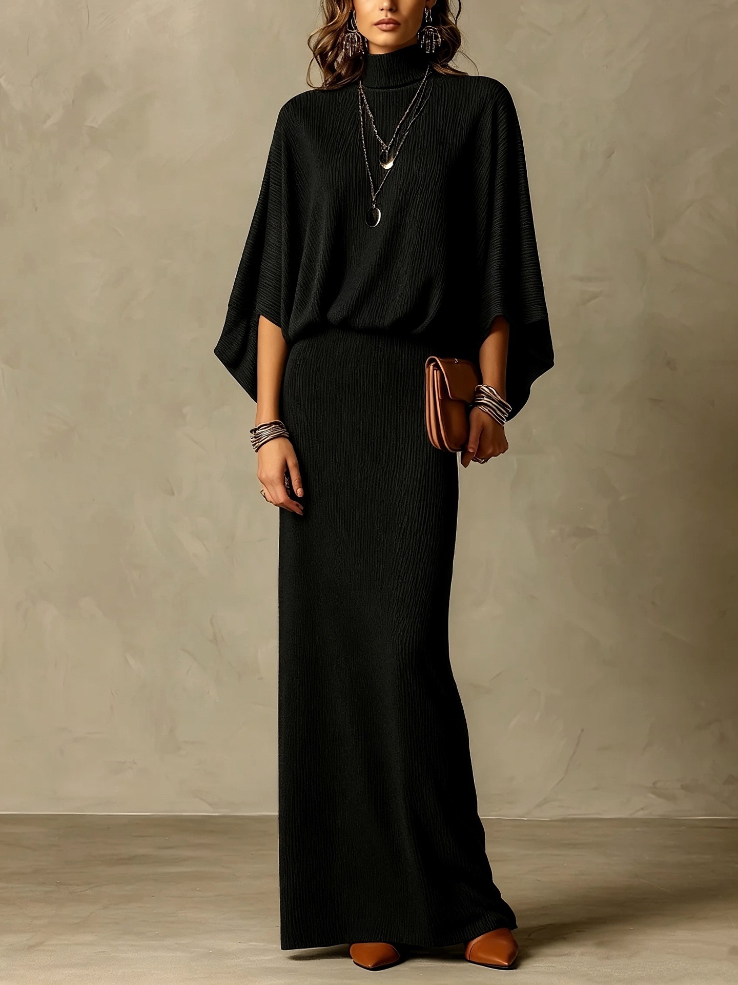Solid Ribbed Batwing Sleeve Two-Piece Skirt Set