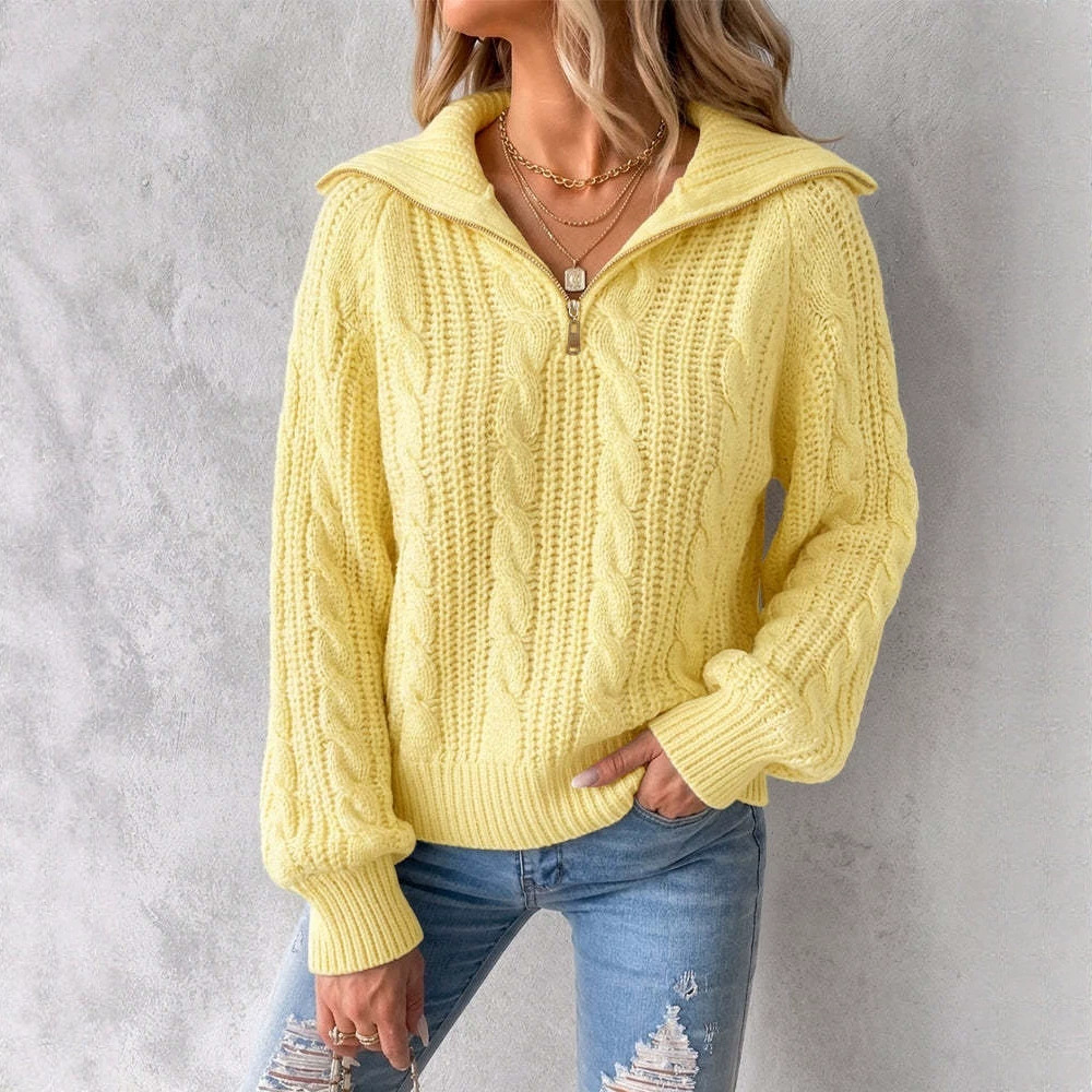 Women's Half-Zip Cable-Knit Sweater with Collar Long Sleeve Loose Pullover