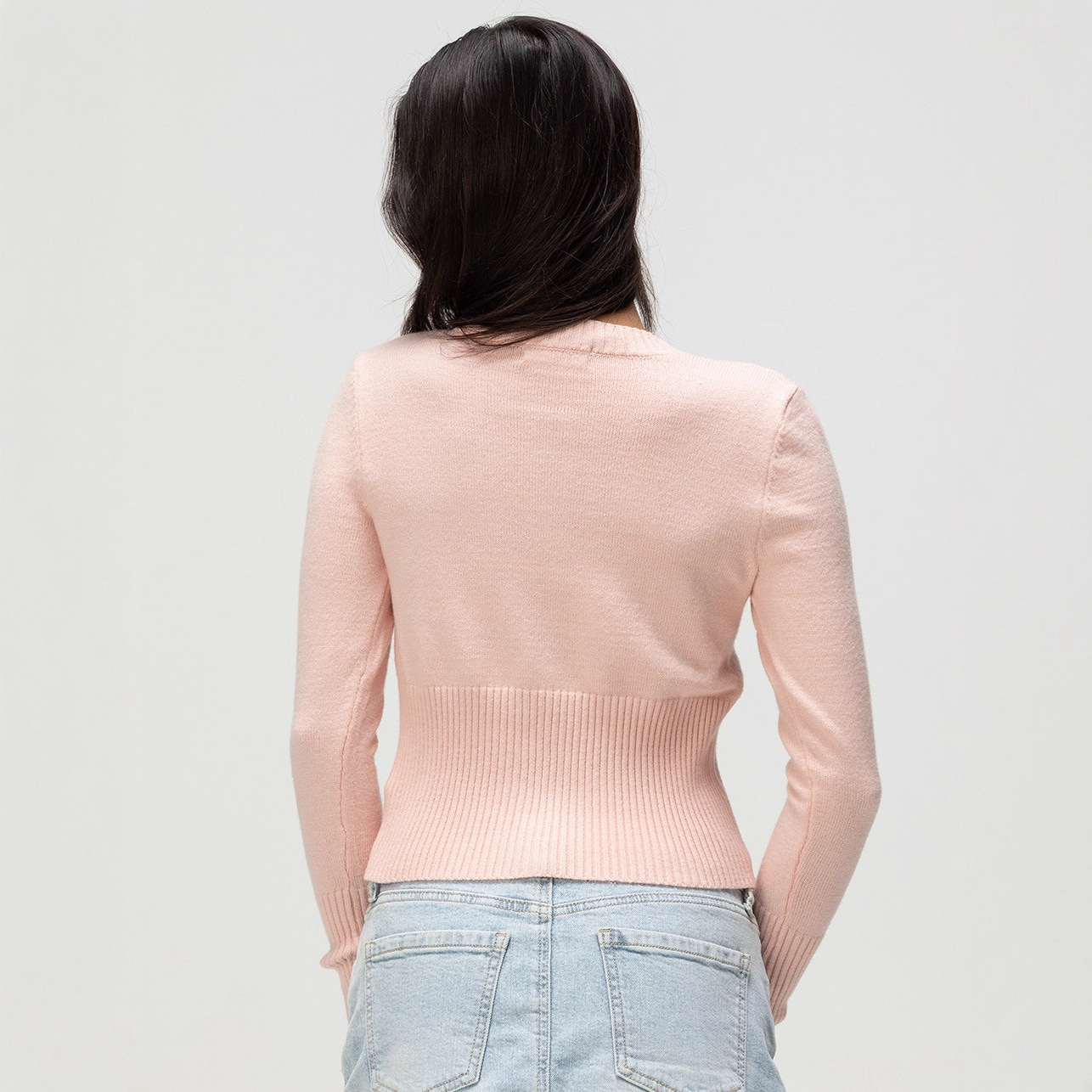 Women's American Retro Solid Crewneck Button-Up Cropped Knit Cardigan Low-Rise Anti-Slip Long Sleeve Top
