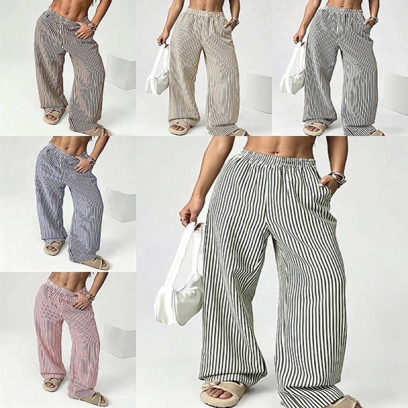 Striped Relaxed Elastic Waist Straight-Leg Pants with Pockets