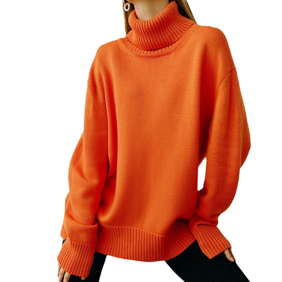 Solid Turtleneck Sweater Loose Knit Pullover