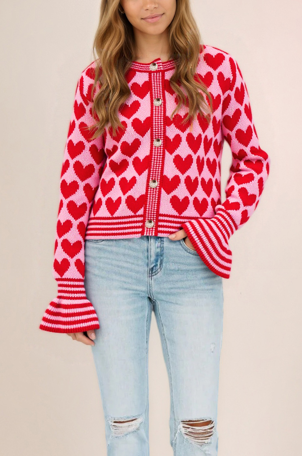 Heart Pattern Knit Cardigan Sweater Crew Neck Colorblock